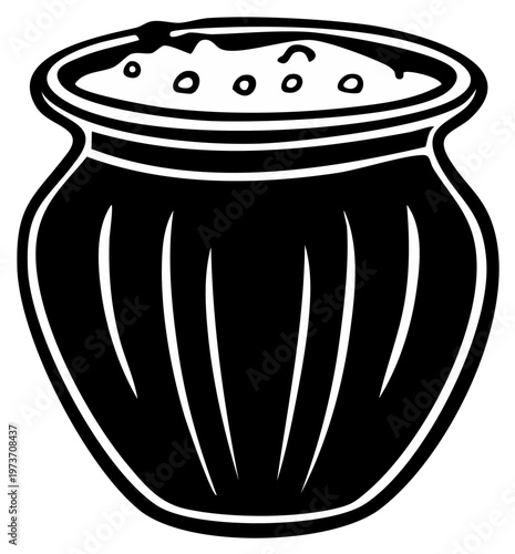 Stylized Black and White Illustration of a Vintage Kitchen Pot with Stew