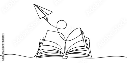 Book with flying paper airplane continuous one line drawing, Opened book and flying paper plane continuous one line drawing, Hand drawn line art vector illustration, Creative strategy and education