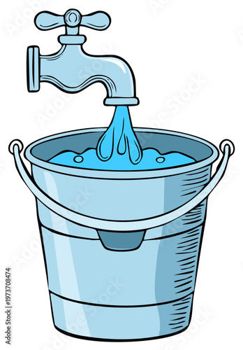 Cartoon of a bucket filling with water from a faucet