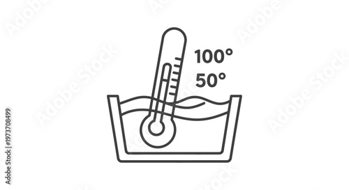 laundry care symbol with thermometer in water basin indicating washing temperature limits for textile care instructions and detergent packaging