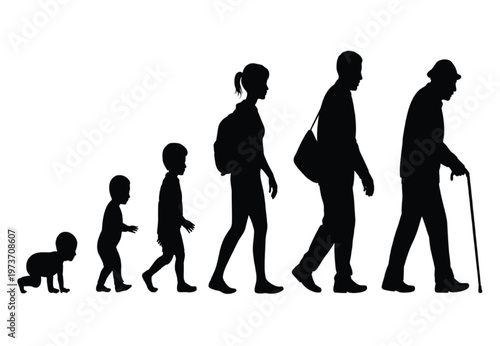 Black and white silhouette of human life stages from infancy to elderly vector illustration EPS PNG file