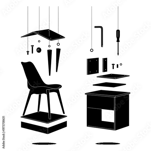 flat pack furniture components displayed for do it yourself assembly an instructional infographic for modern furniture construction.