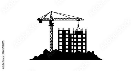 construction site silhouette with a tower crane lifting a section for a new building symbolizing urban development and real estate progress.
