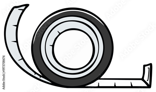 Cartoon style tape measure unwind spool illustration, sewing measurement tool.