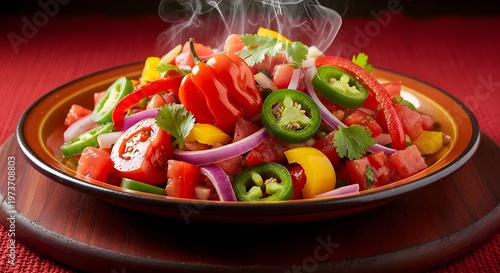 A vibrant and fresh pico de gallo salad bursting with colorful chopped vegetables and spices, perfect for dipping or as a side dish