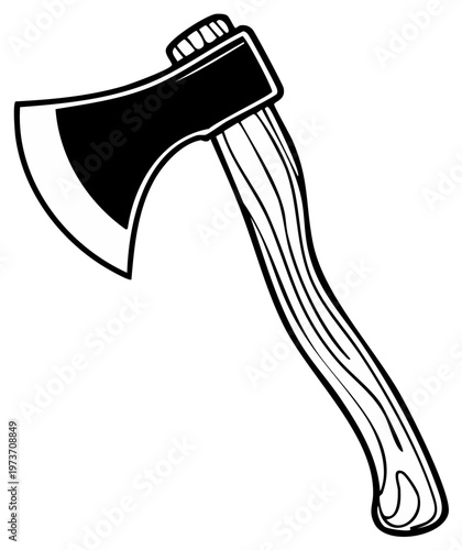 Stylized Black and White Axe with Wooden Handle Cartoon Illustration
