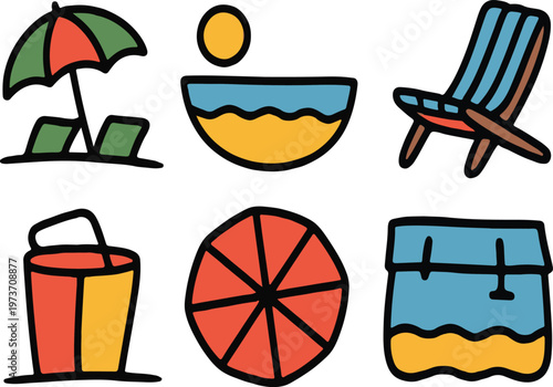 Colorful hand-drawn summer beach with umbrella, deck chair, sun vector illustration EPS PNG file