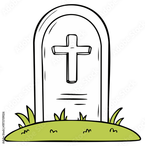 Cartoon drawing of a tombstone with a cross for a memorial.
