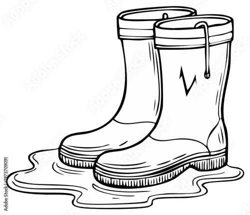 Line art depiction of a pair of rubber rain boots standing in a puddle highlighting rainy weather and springtime