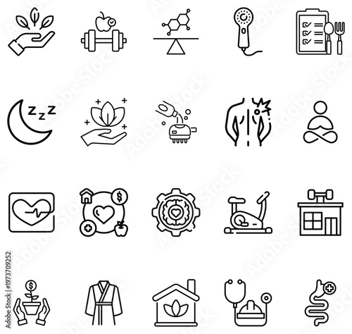 Collection of thin line representing health wellness fitness and medical concepts
