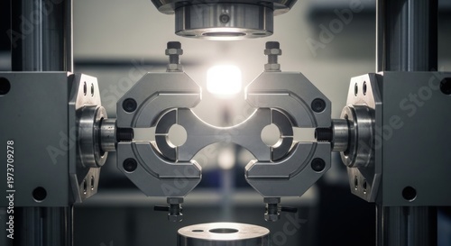 A high-precision industrial universal testing machine grips a metal dogbone specimen for a tensile stress experiment, illuminated by a bright laboratory light source in a controlled testing.