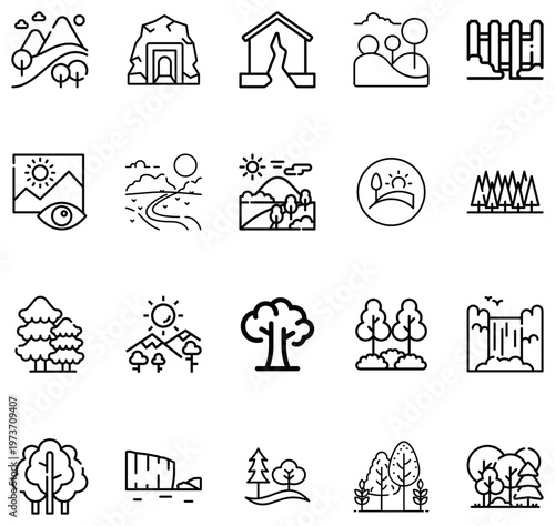 Set of line representing nature landscapes trees mountains and outdoor scenes