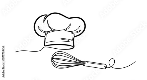 High Quality Black Continuous Line Chef’s Hat and Whisk – Minimal Cooking & Culinary Illustration
