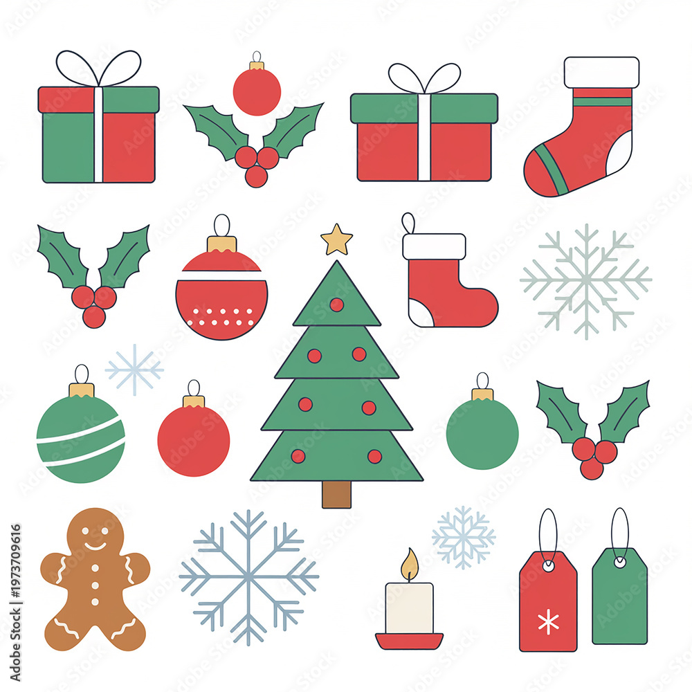 Naklejka premium Set of Flat Design Christmas Icon Set and Holiday Elements on White Background 