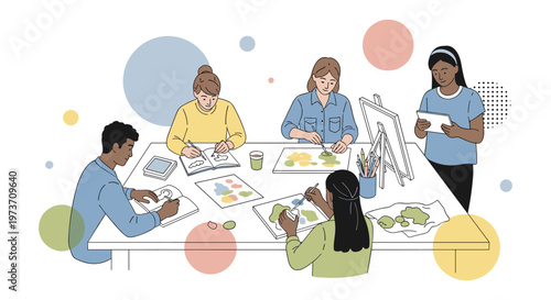 Diverse group of people collaborating in creative brainstorming meeting with colorful abstract shapes in modern office for business marketing