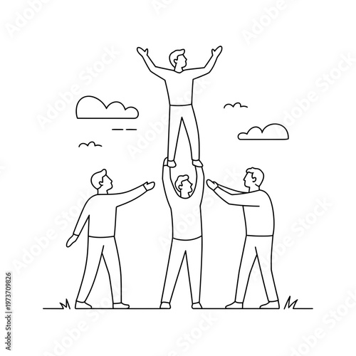 Teamwork people stacking hands line art illustration business team support collaboration