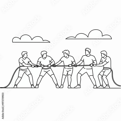 Men playing tug of war line art illustration teamwork competition sport game