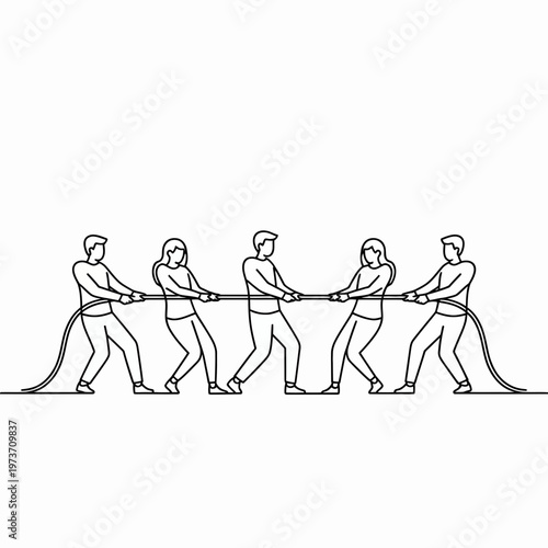 People pulling rope team effort line art illustration teamwork cooperation tug
