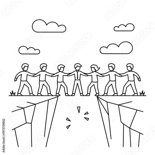 People holding hands crossing cliff line art teamwork illustration teamwork concept