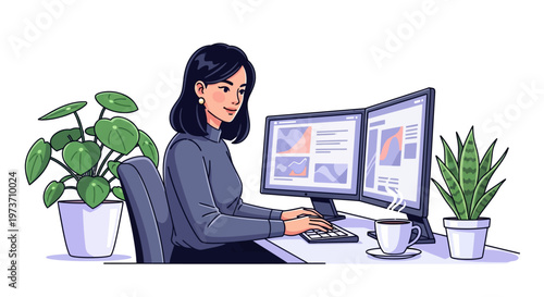 Young Woman Working at Multi Monitor Desk
