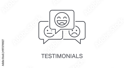 customer testimonials icon with happy neutral and sad emoji feedback in speech bubbles representing diverse reviews.