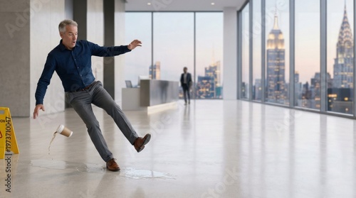 Slip and fall accident in modern office nyc stock photo general liability insurance awareness