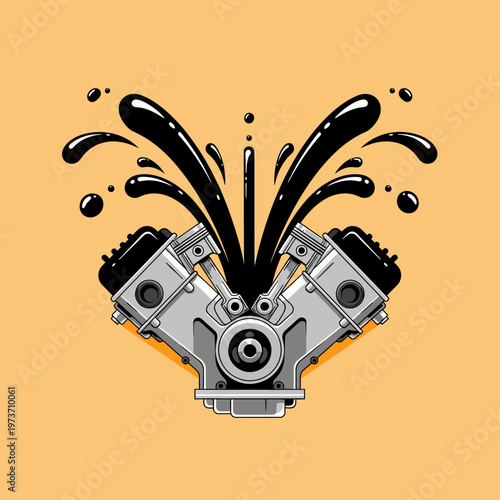 cartoon style v8 engine illustration with a stylized black oil splash representing power and automotive lubrication on a clean orange background.