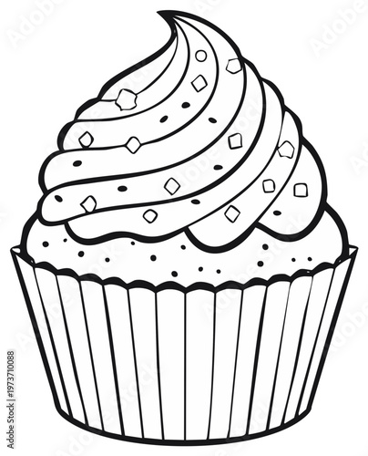 Black and white illustration of a delicious cupcake, dessert for celebrations