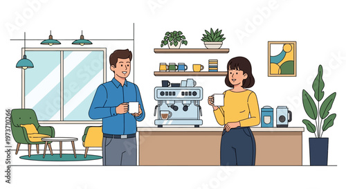 Colleagues Chatting Near Modern Espresso Machine