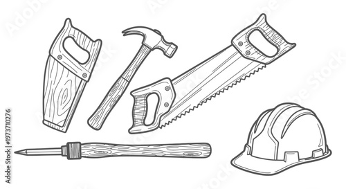 doodle construction essential carpentry hand tools set with hammer saws and hard hat ideal for building and diy projects.