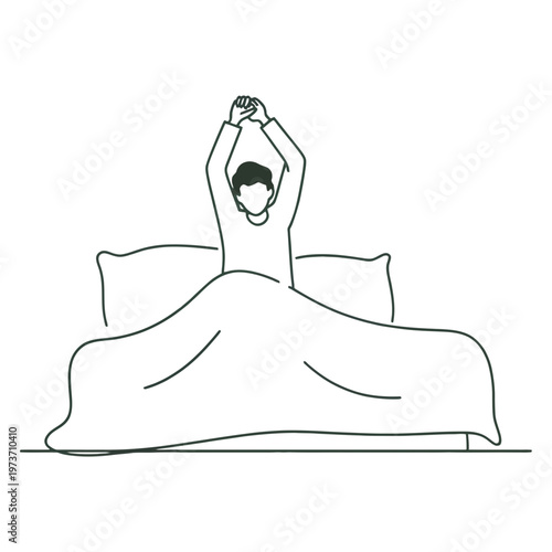 Man stretching in bed line art person morning illustration vector simple