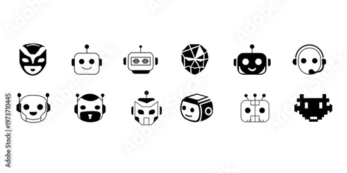 Modern Robot Avatar Icon Set, AI Bot Faces, Chatbot Characters, Technology Mascot Icons Collection