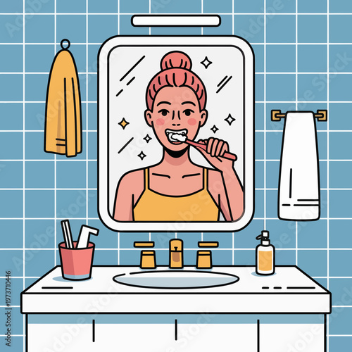 Woman brushing teeth in bathroom mirror toothbrush toothpaste sink vanity blue tiles