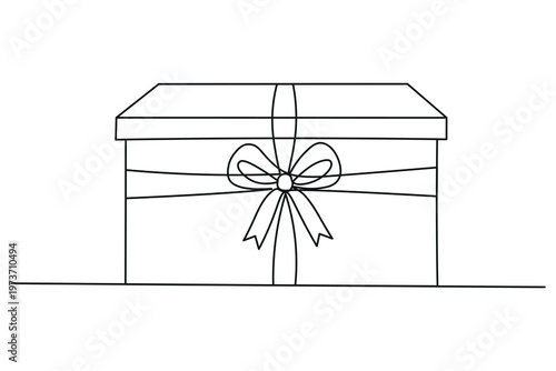 Continuous line drawing of a gift box with a ribbon and a bow. present for celebration.