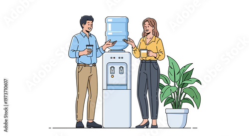 Colleagues Socializing Near Modern Office Water Cooler