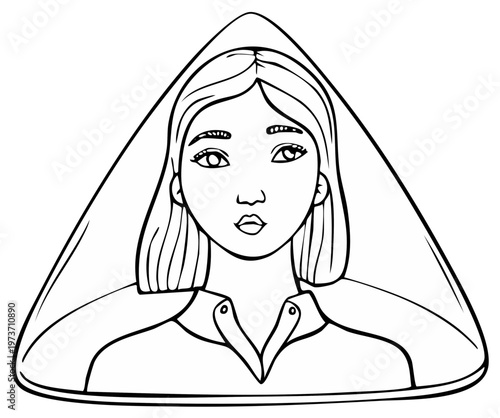 Ethereal Woman Portrait with Geometric Frame Outline, Dreamy Gaze, Geometric Art, Fashion Illustration, Simple Line Work, Digital Art