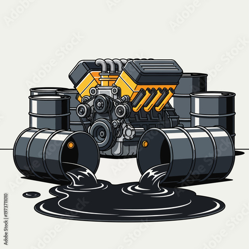v8 engine and oil barrels depicting spilled crude oil representing fossil fuel industry and energy consumption concepts