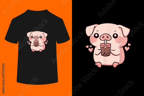 Cute Kawaii Cartoon Pig Drinking Bubble Tea T-Shirt
