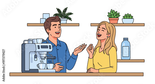 Happy Coworkers Laughing by Espresso Machine