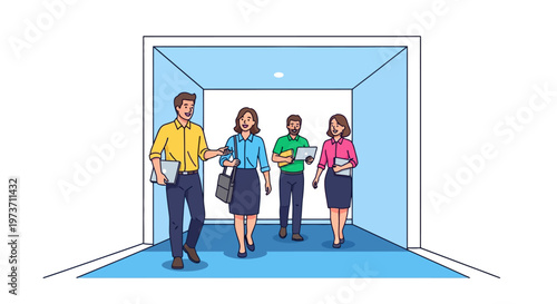 Happy Diverse Team Walking Through Bright Hallway