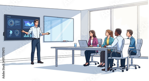 Male Employee Giving Presentation in Sunlit Office