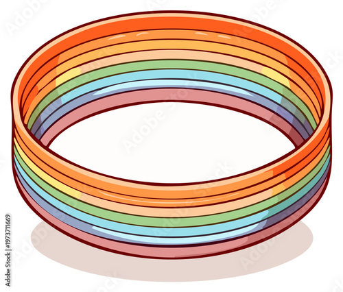 Colorful rainbow bracelet with multiple striped bands and a rounded shape