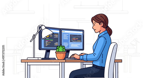 Young Businesswoman Working at Modern Dual Monitor Desk