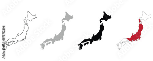 Set of japan maps with different styles, including outline, textured, solid black, and highlighted region vector illustration