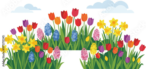 Generated on Spring garden, bursting with an array of blooming tulips, daffodils, and hyacinths in a riot of colors vector art on white background