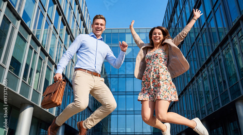 Excited young man holding a briefcase and a happy woman jumping for joy in front of a modern glass office building. Corporate success and freedom.