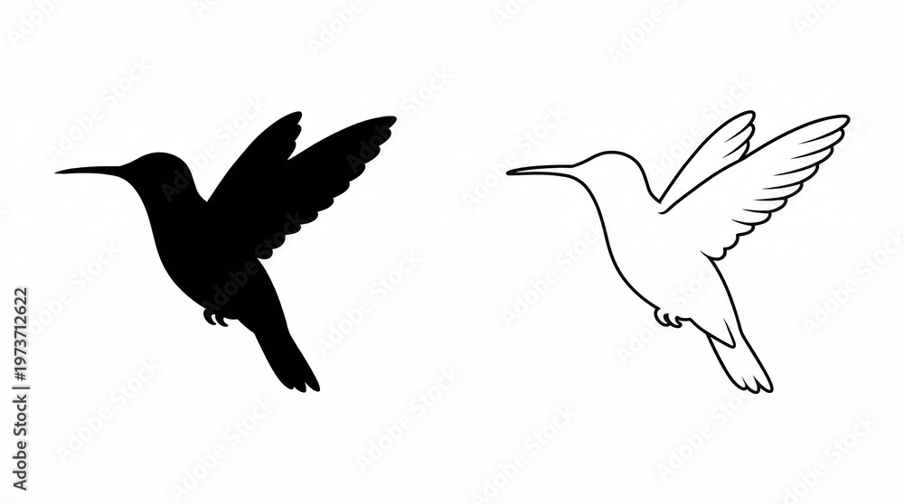 Obraz premium Black Hummingbird Silhouette and Outline Heron Bird Vector Illustration Set on White Background