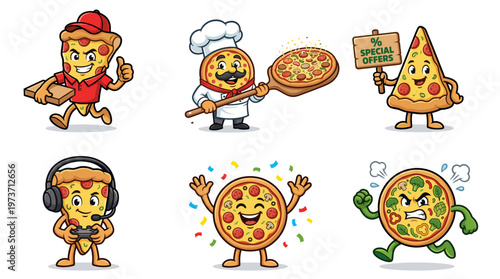 pizza slice mascot set with different poses, cartoon cheesy character collection for fast food branding and packaging 