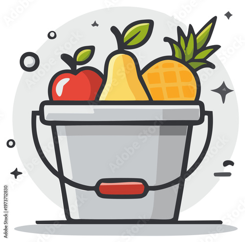 Fruit bucket with apple, pear, and pineapple cartoon-style illustration. Healthy eating concept and fresh food for cooking.