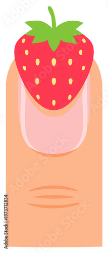 Cute cartoon strawberry fruit resting atop a human finger nail simple graphic